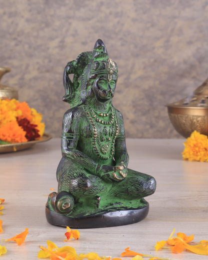 Brass Hanuman Ji in Meditation – Antique Black & Green Tone 5"