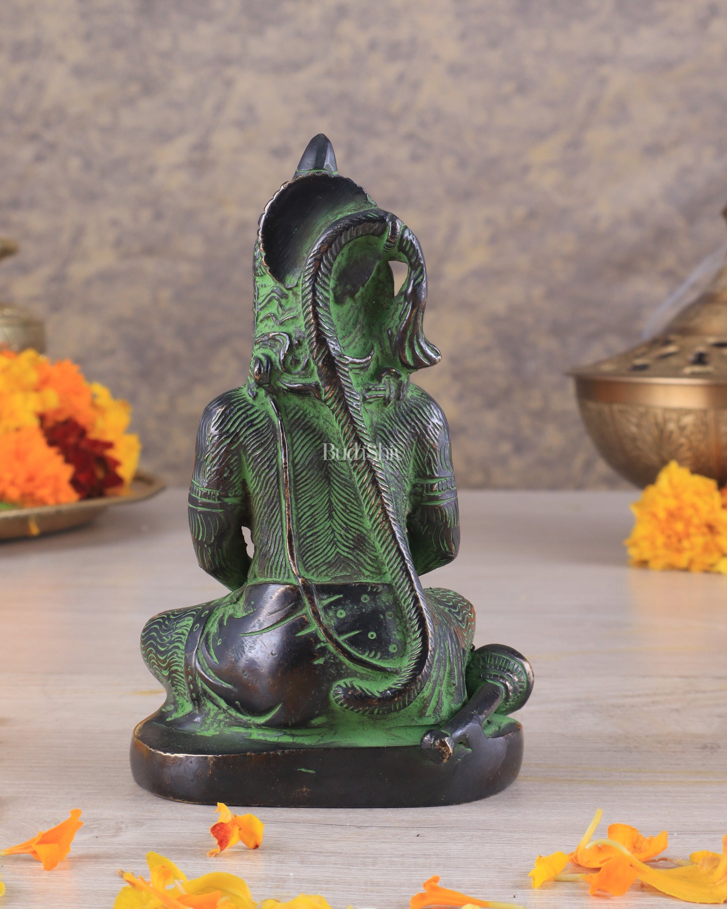 Brass Hanuman Ji in Meditation – Antique Black & Green Tone 5"