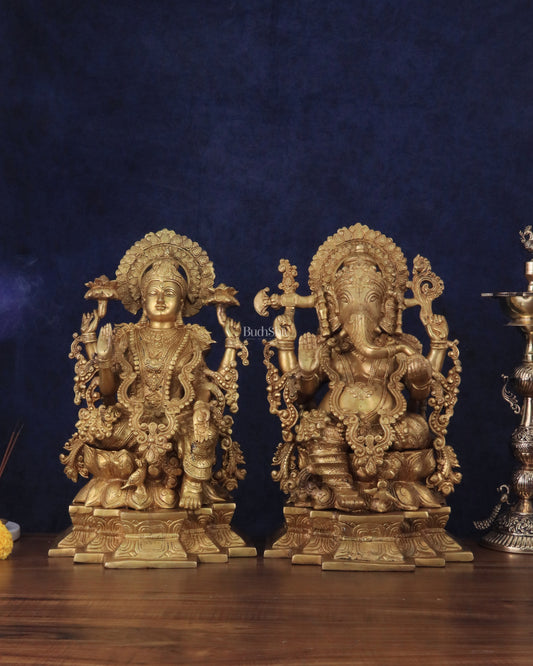 Majestic Pure Brass Ganesha & Lakshmi Idols – 22"