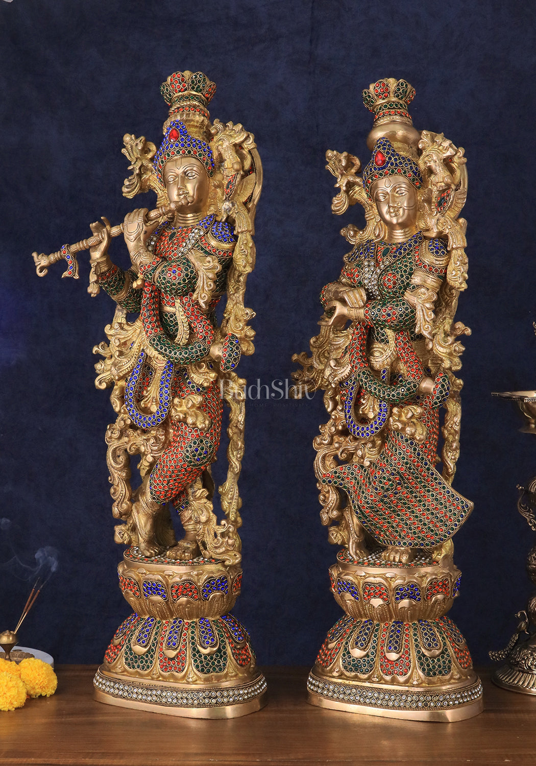 Brass Radha Krishna Idols with Meenakari jewel work - 29" Tall, 33 kg Pair