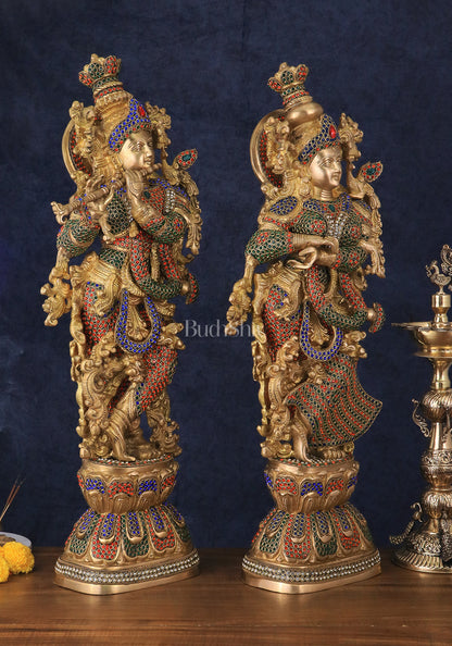 Brass Radha Krishna Idols with Meenakari jewel work - 29" Tall, 33 kg Pair