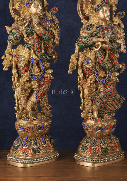 Brass Radha Krishna Idols with Meenakari jewel work - 29" Tall, 33 kg Pair