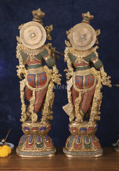 Brass Radha Krishna Idols with Meenakari jewel work - 29" Tall, 33 kg Pair