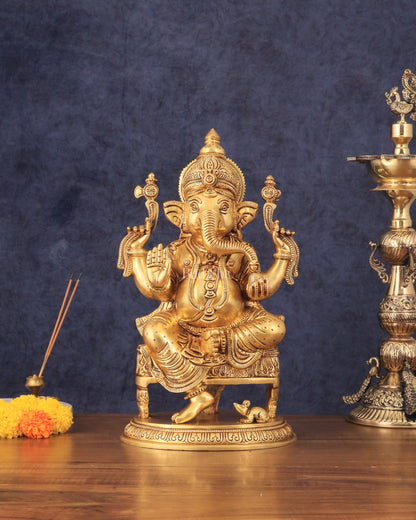 Brass Superfine Lord Ganesha Statue with Advanced Carvings - 15.5"