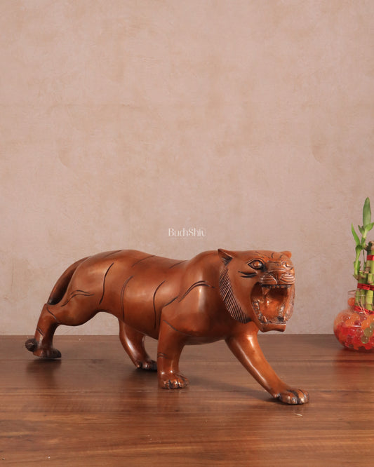 Pure Brass Vintage Large Tiger Statue showpiece - 20"x7.5"x6", Vastu Approved brown