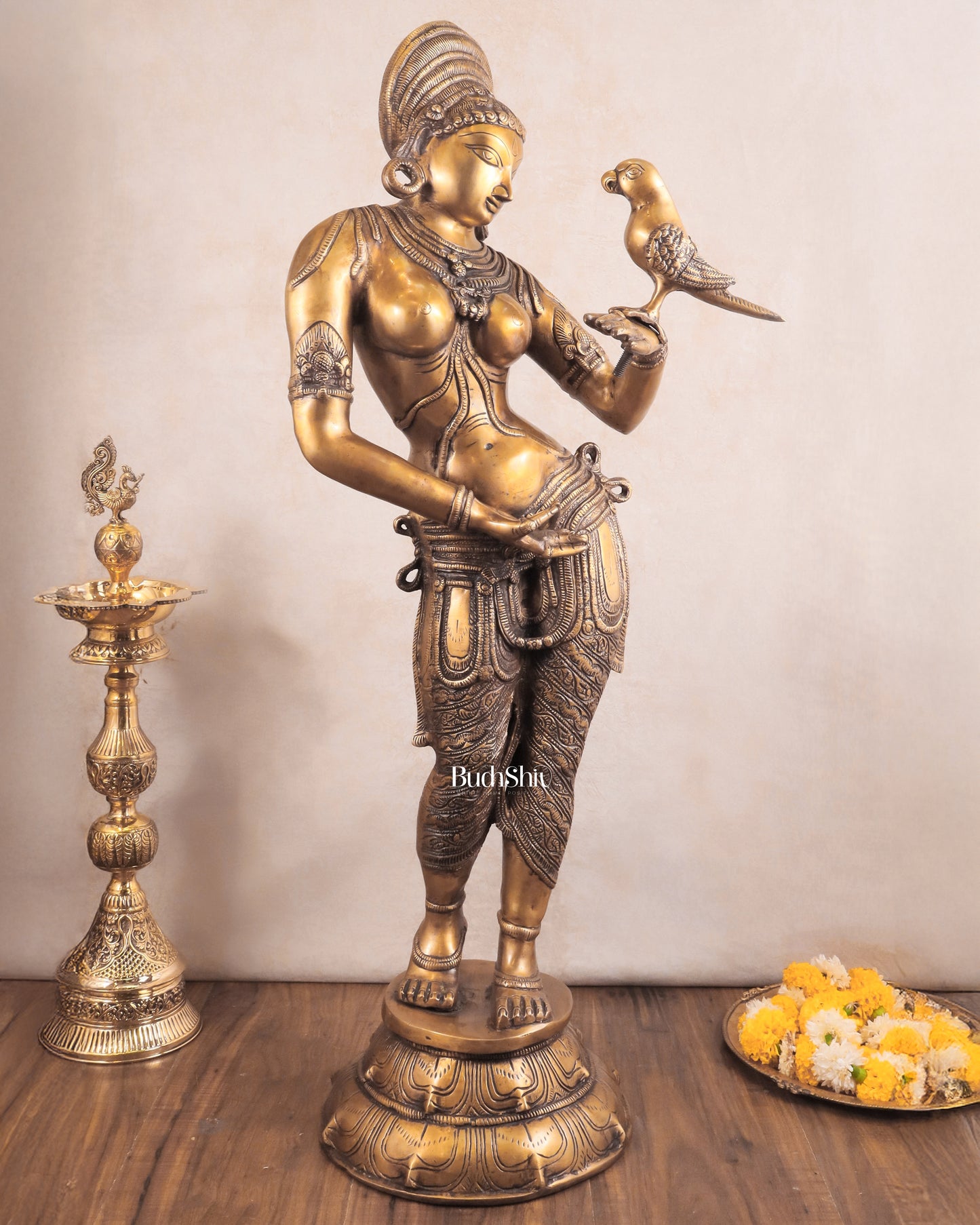 Pure Brass Lady Holding Parrot Sculpture - 38"