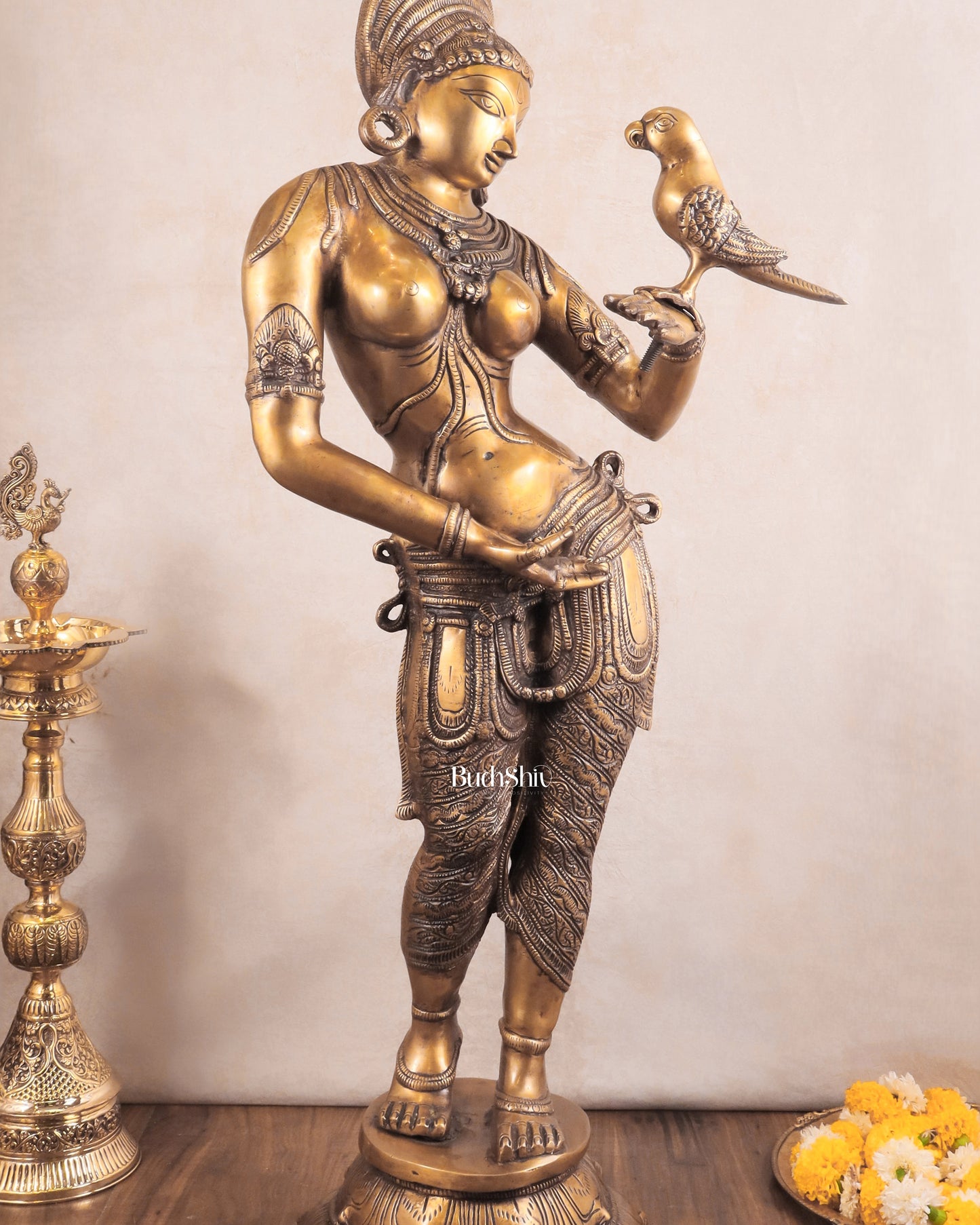 Pure Brass Lady Holding Parrot Sculpture - 38"