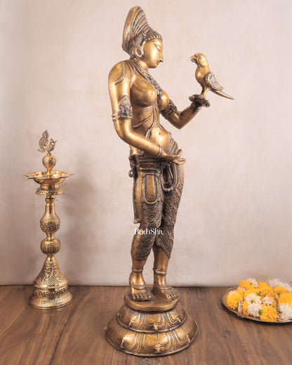 Pure Brass Lady Holding Parrot Sculpture - 38"