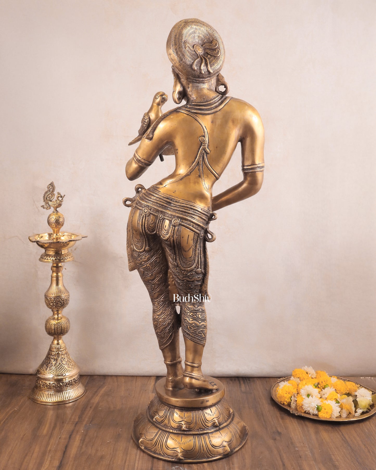 Pure Brass Lady Holding Parrot Sculpture - 38"