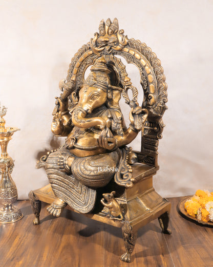 Brass Ganesha on King Size Throne Large statue - 28"