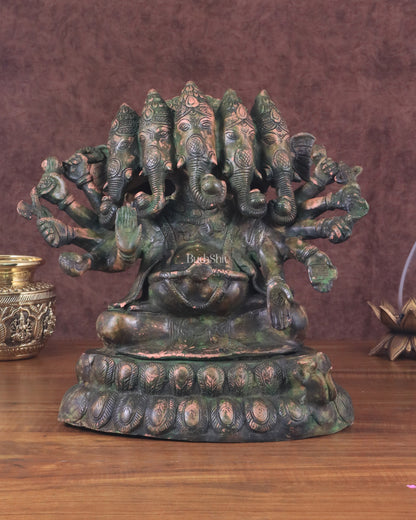 Pure Brass Large Panchmukhi Ganesha Statue - Vintage Green Patina, 13"