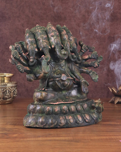 Pure Brass Large Panchmukhi Ganesha Statue - Vintage Green Patina, 13"