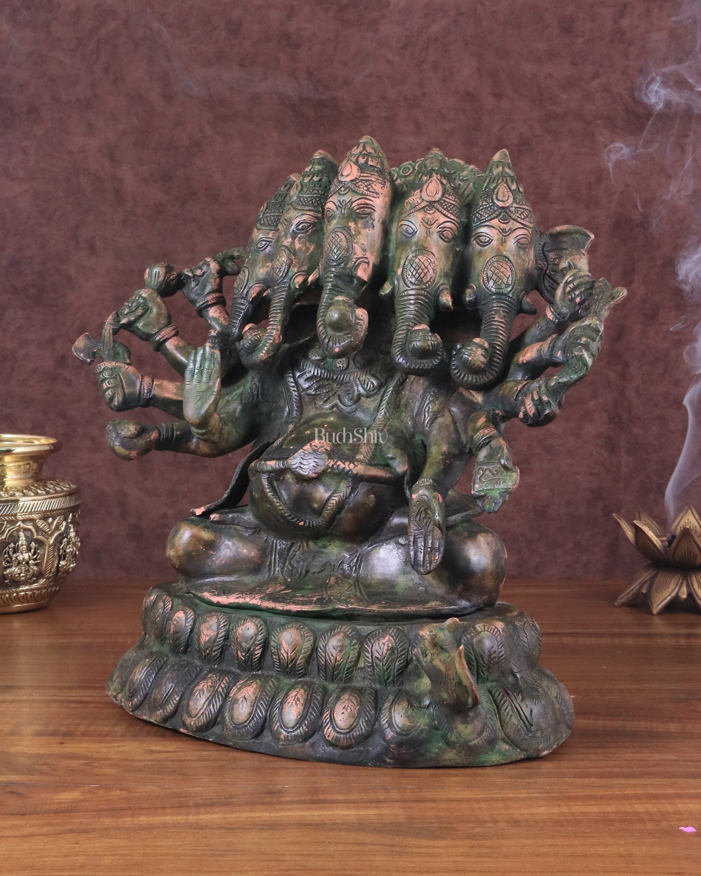 Pure Brass Large Panchmukhi Ganesha Statue - Vintage Green Patina, 13"