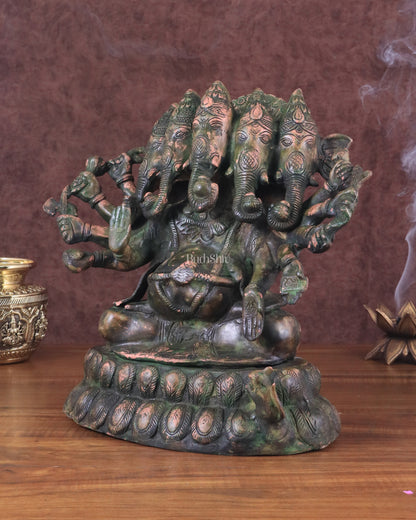 Pure Brass Large Panchmukhi Ganesha Statue - Vintage Green Patina, 13"