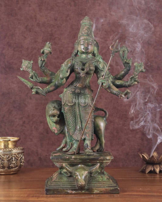 Standing Durga Brass idol with lion 18 inch green