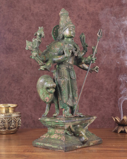 Standing Durga Brass idol with lion 18 inch green