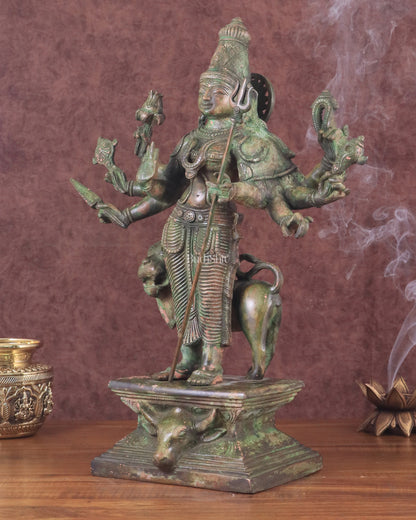 Standing Durga Brass idol with lion 18 inch green