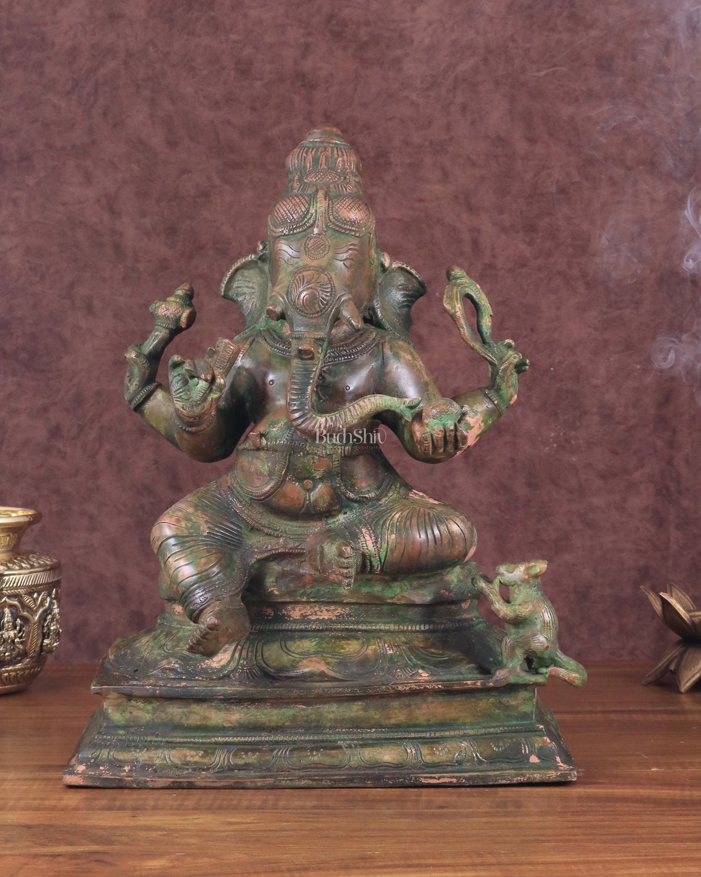 Vintage Brass Lord Ganesha Statue with Green Patina Finish - 14"