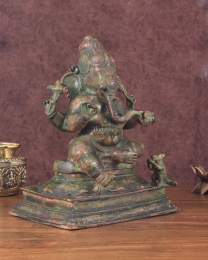 Vintage Brass Lord Ganesha Statue with Green Patina Finish - 14"