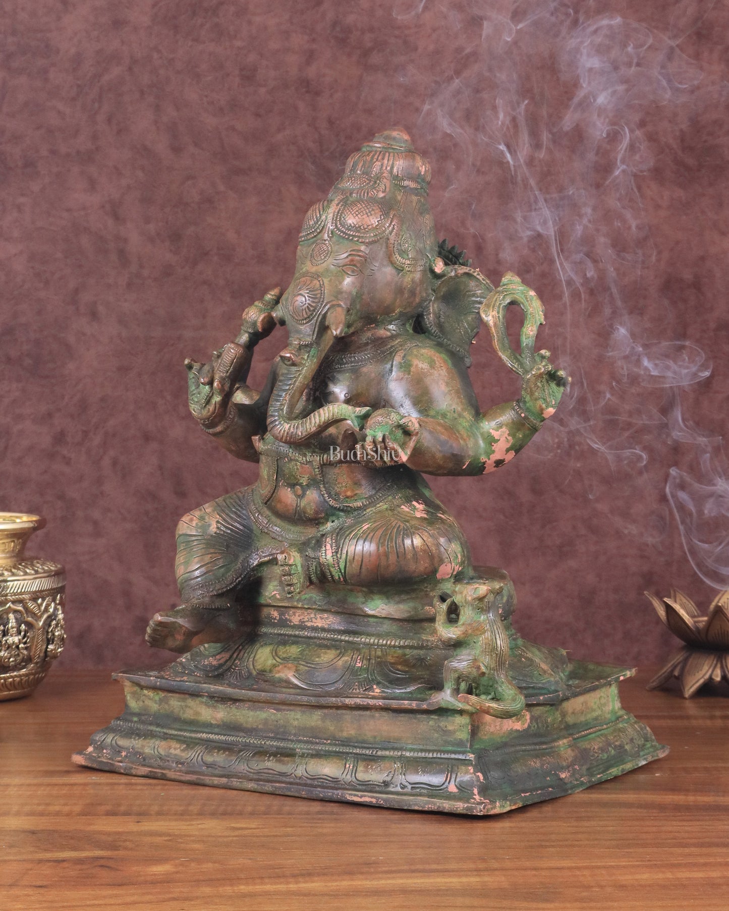 Vintage Brass Lord Ganesha Statue with Green Patina Finish - 14"