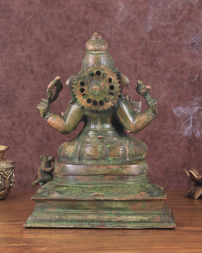 Vintage Brass Lord Ganesha Statue with Green Patina Finish - 14"