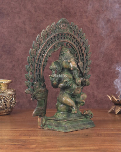 Pure Brass Vintage Lord Vinayaka (Ganesha) with Prabhavali - Green Patina, 15.5"