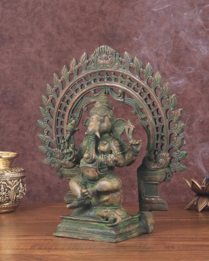 Pure Brass Vintage Lord Vinayaka (Ganesha) with Prabhavali - Green Patina, 15.5"