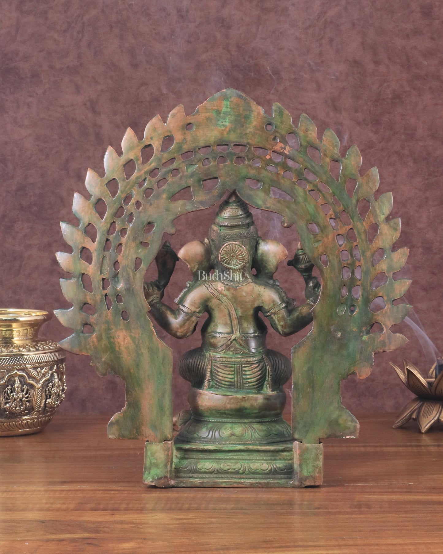 Pure Brass Vintage Lord Vinayaka (Ganesha) with Prabhavali - Green Patina, 15.5"