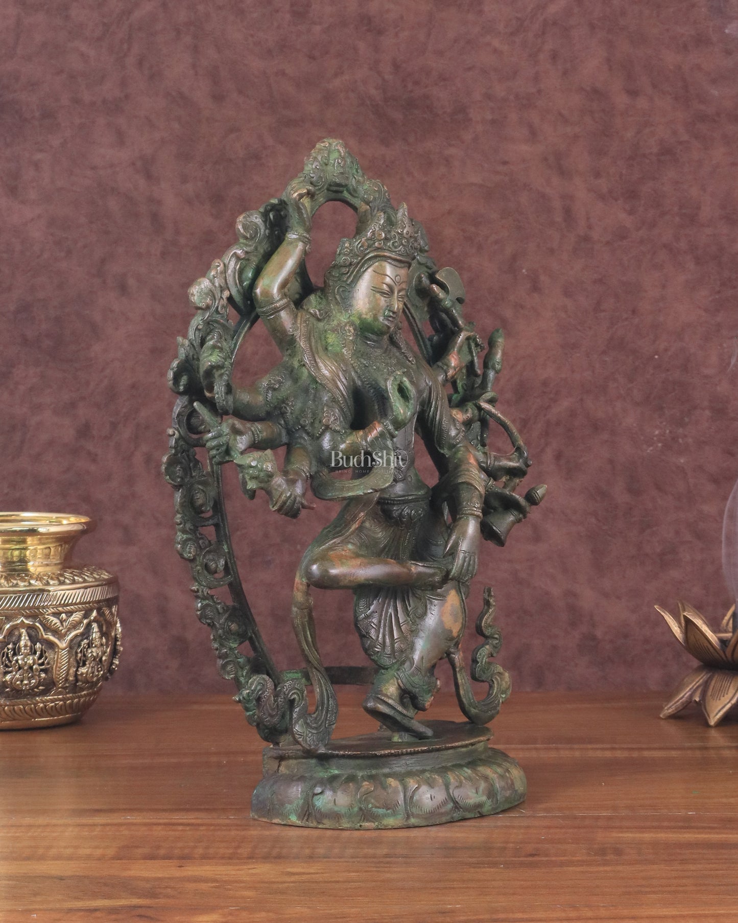 Vintage Nepalese Dancing Shiva Brass Statue - Green Patina, 12.5"