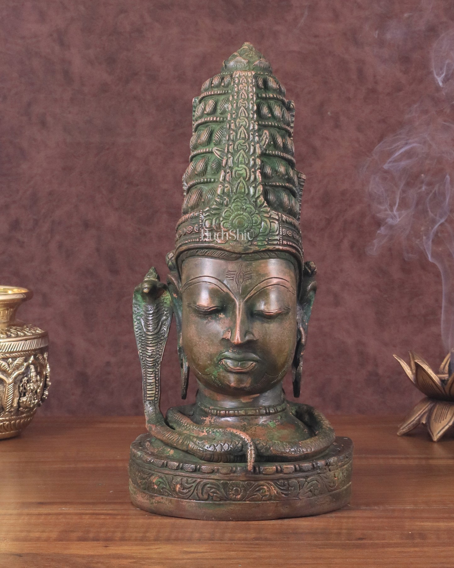 Pure Brass Lord Shiva Face Bust - Antique Green Patina 12"