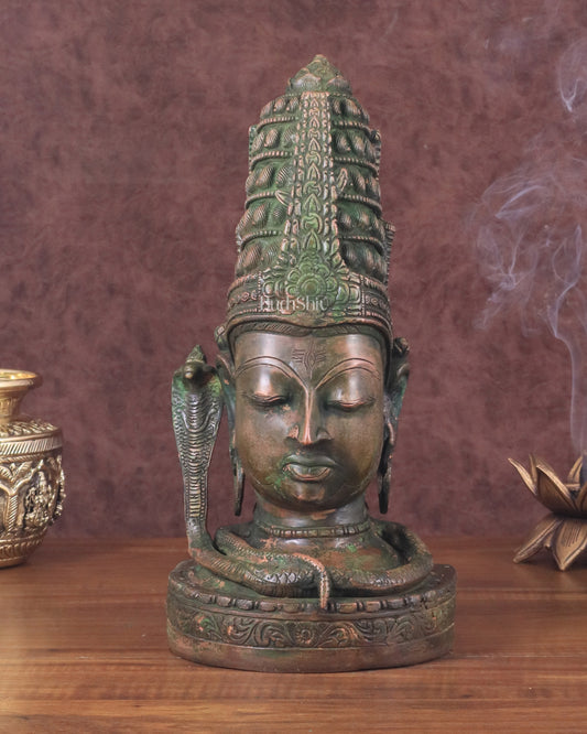 Pure Brass Lord Shiva Face Bust - Antique Green Patina 12"