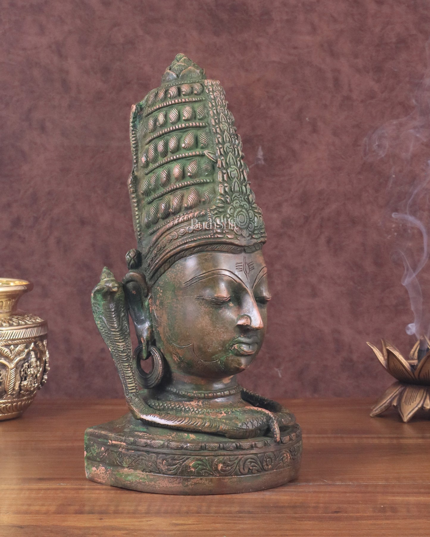 Pure Brass Lord Shiva Face Bust - Antique Green Patina 12"