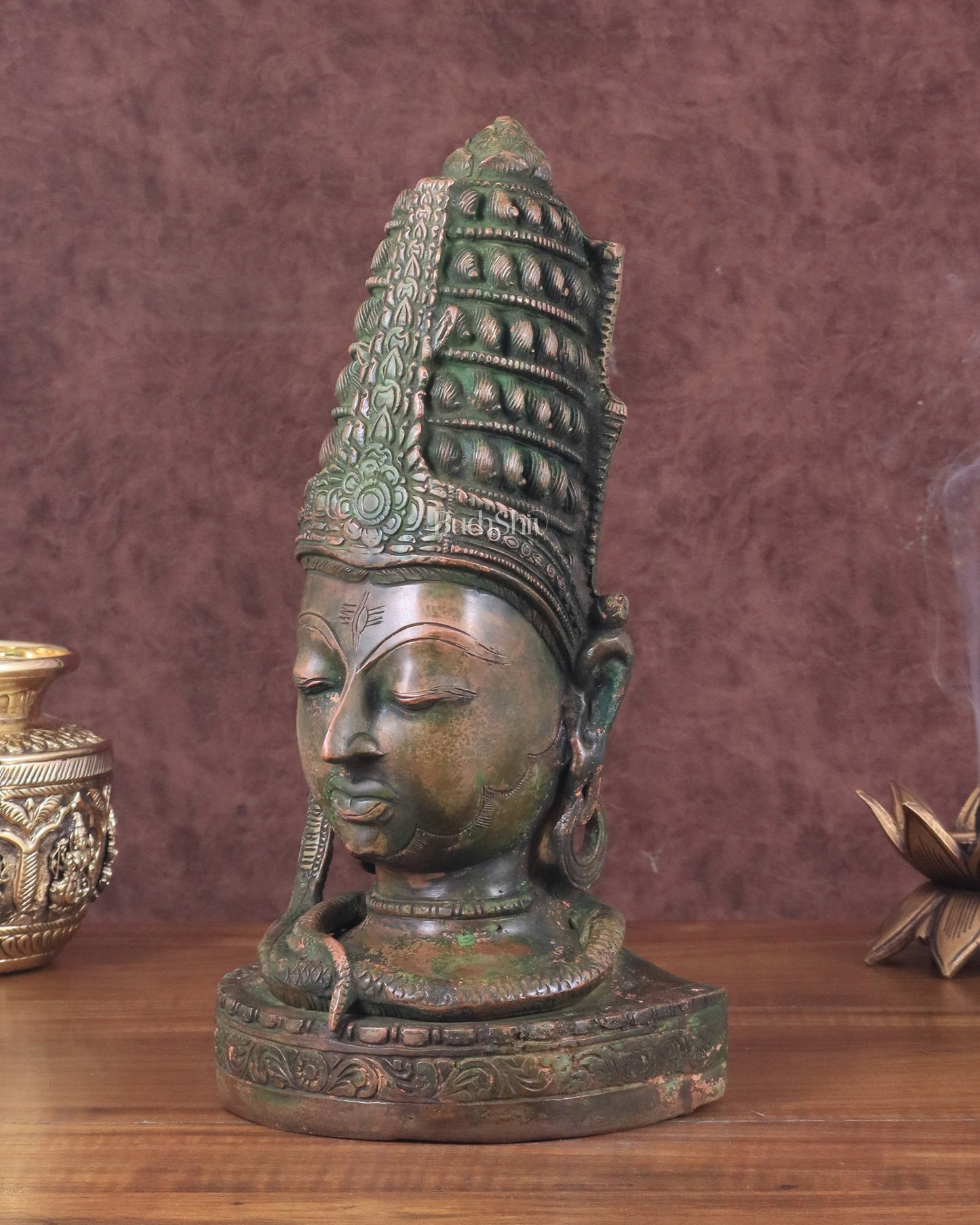 Pure Brass Lord Shiva Face Bust - Antique Green Patina 12"