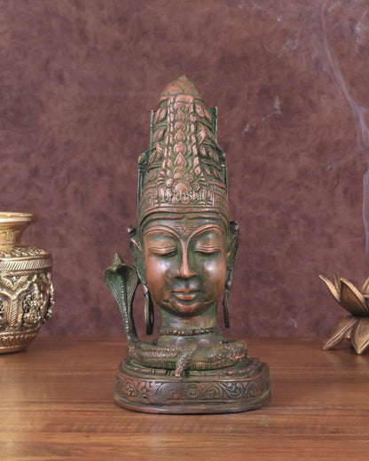 Brass Lord Shiva Face Bust Statue - Vintage Green Finish, 9"