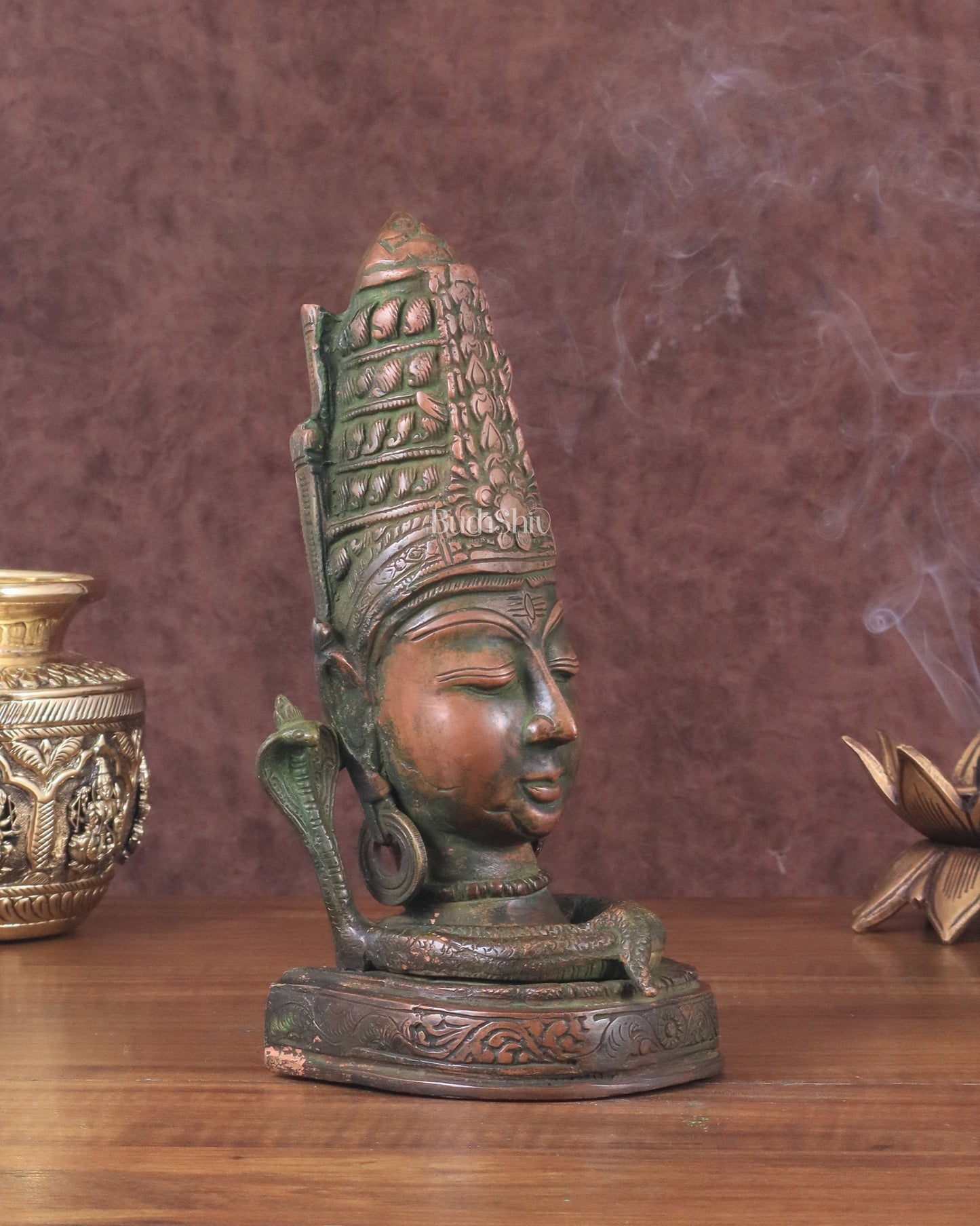 Brass Lord Shiva Face Bust Statue - Vintage Green Finish, 9"