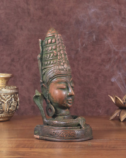 Brass Lord Shiva Face Bust Statue - Vintage Green Finish, 9"