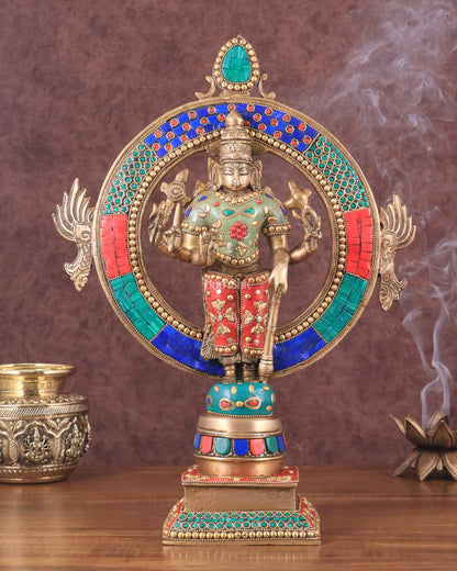 Brass Lord Vishnu Statue with Sudarshan Chakra Aura - 16.5 Inch meenakari