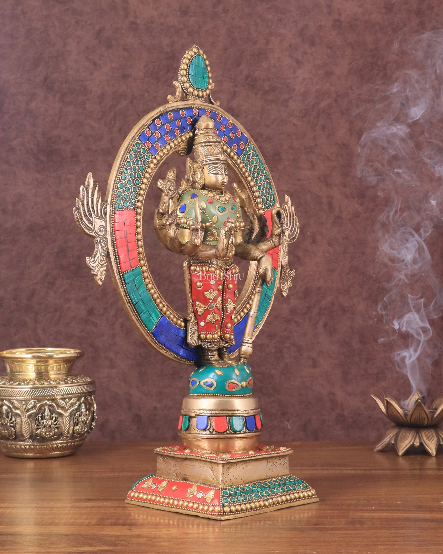 Brass Lord Vishnu Statue with Sudarshan Chakra Aura - 16.5 Inch meenakari