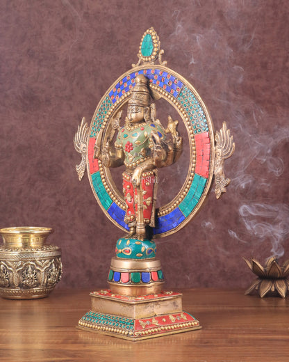 Brass Lord Vishnu Statue with Sudarshan Chakra Aura - 16.5 Inch meenakari