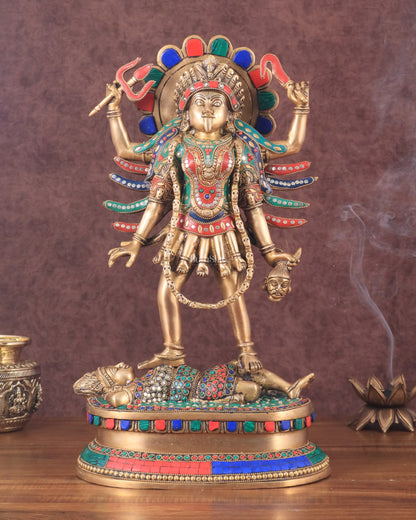 Pure Brass Kali Mata Idol with Four Arms 18" with stonework