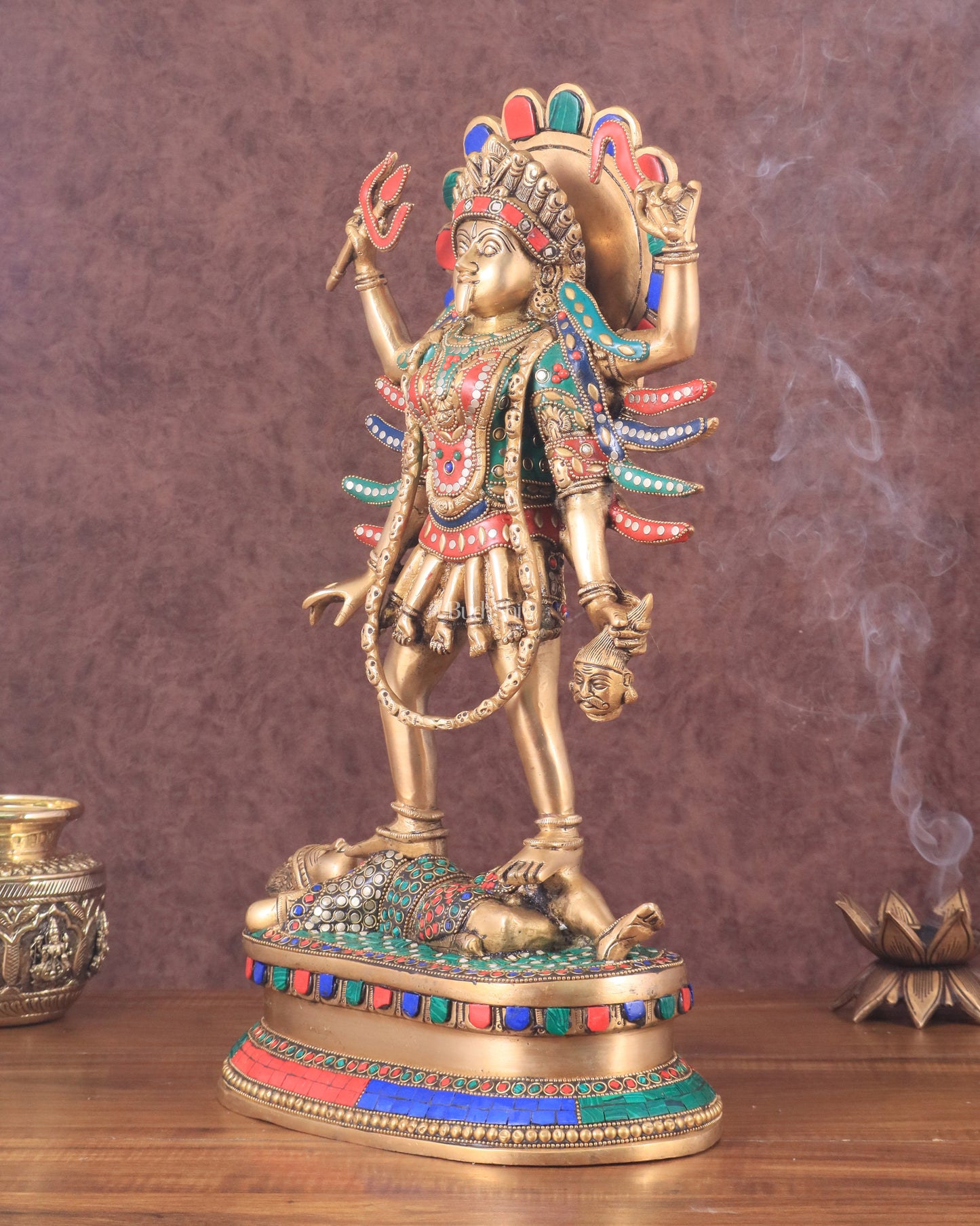 Pure Brass Kali Mata Idol with Four Arms 18" with stonework