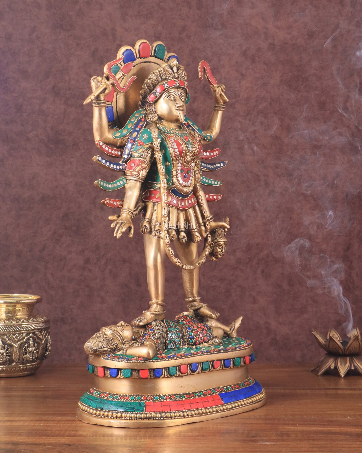 Pure Brass Kali Mata Idol with Four Arms 18" with stonework