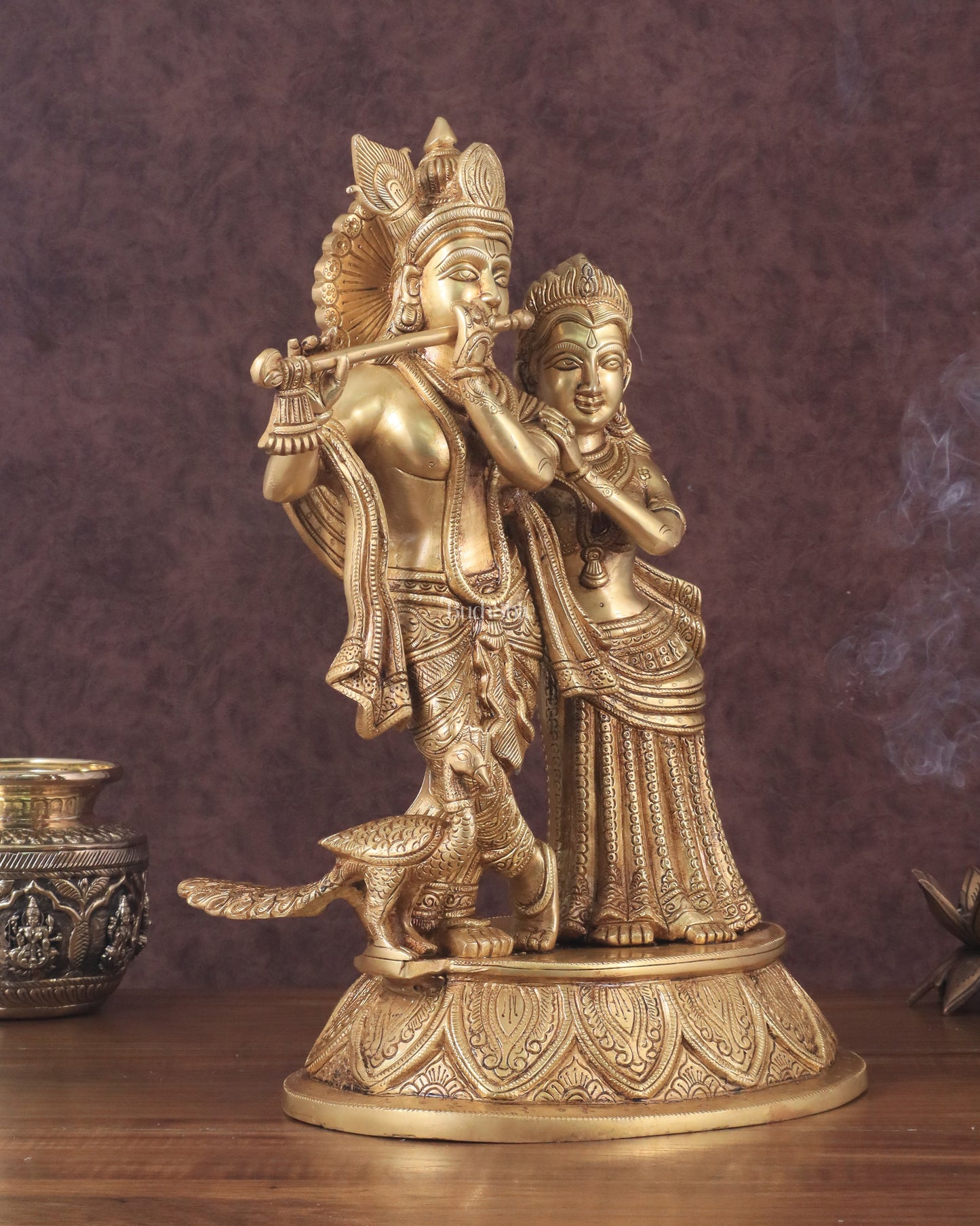 Pure Brass Radha Krishna with Peacock Idol - 16"