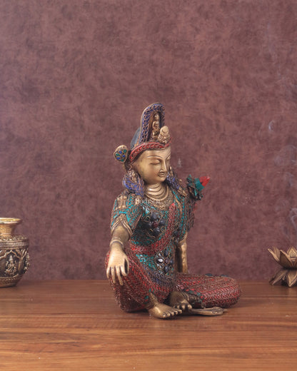 Brass Seated Indra Statue with Nepalese Copper Wire Inlay - 12"