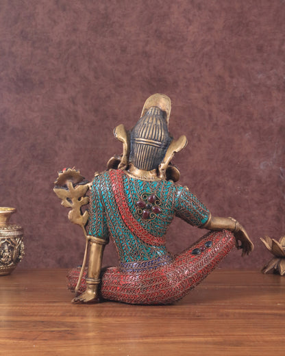 Brass Seated Indra Statue with Nepalese Copper Wire Inlay - 12"