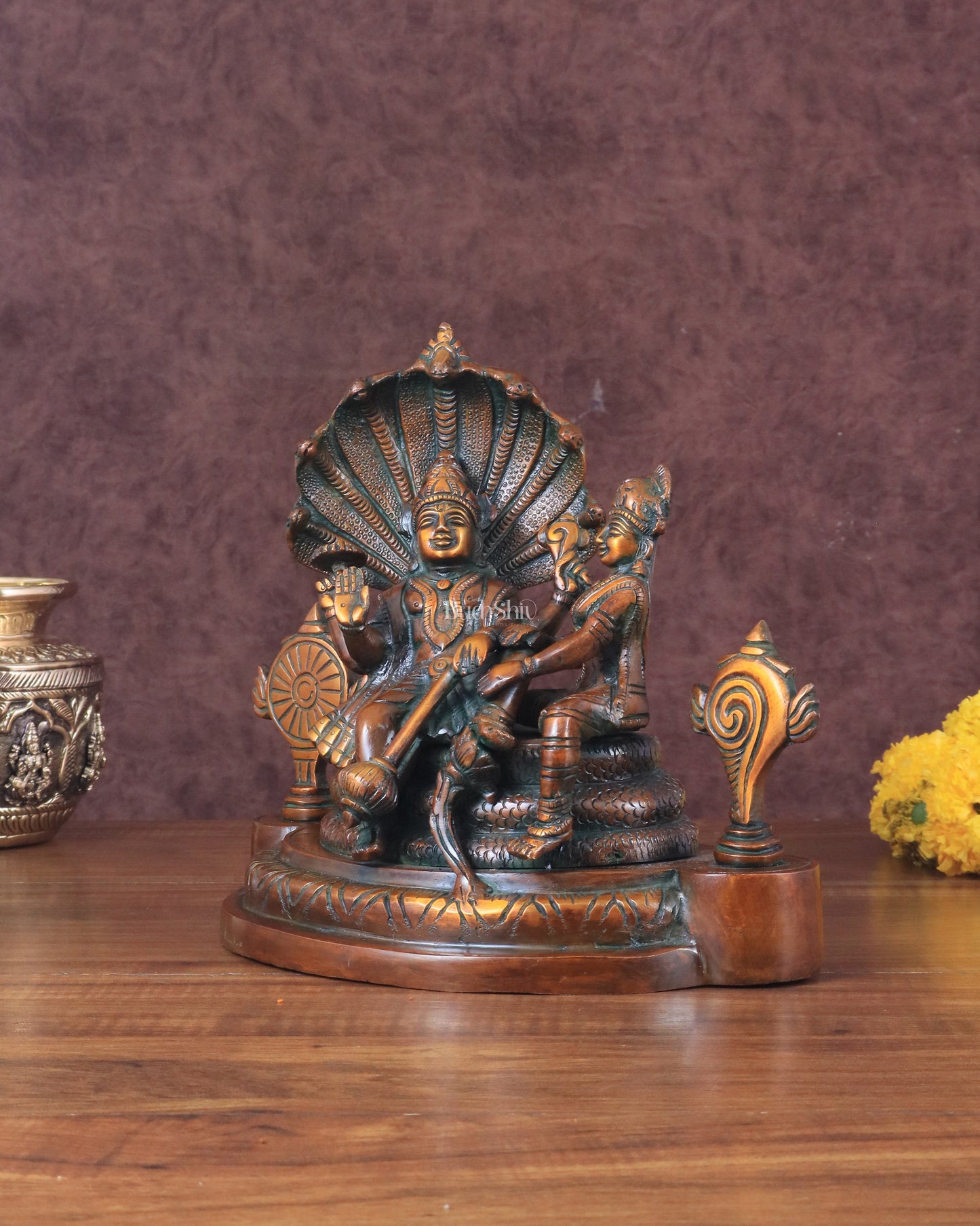 Brass Resting Vishnu Lakshmi Narayan with Shankh Chakra Statue - 8.5 Inch brown