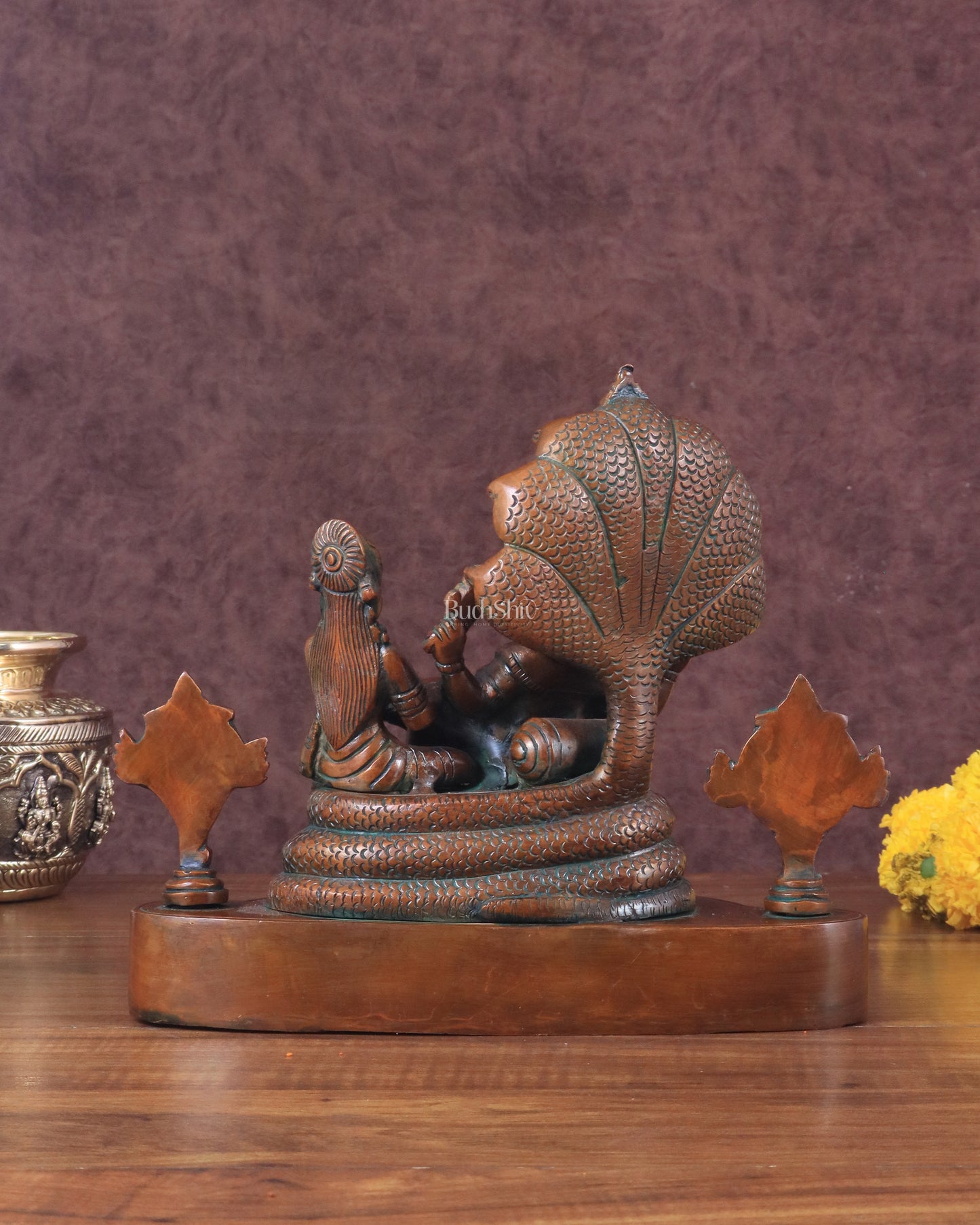 Brass Resting Vishnu Lakshmi Narayan with Shankh Chakra Statue - 8.5 Inch brown