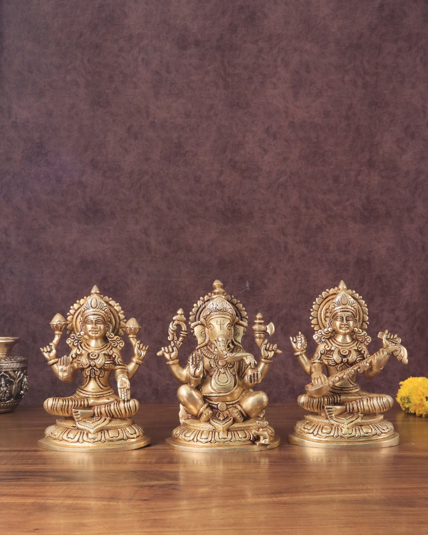 Pure Brass Ganesha, Lakshmi, Saraswati Idols Set of Three - 7.5"