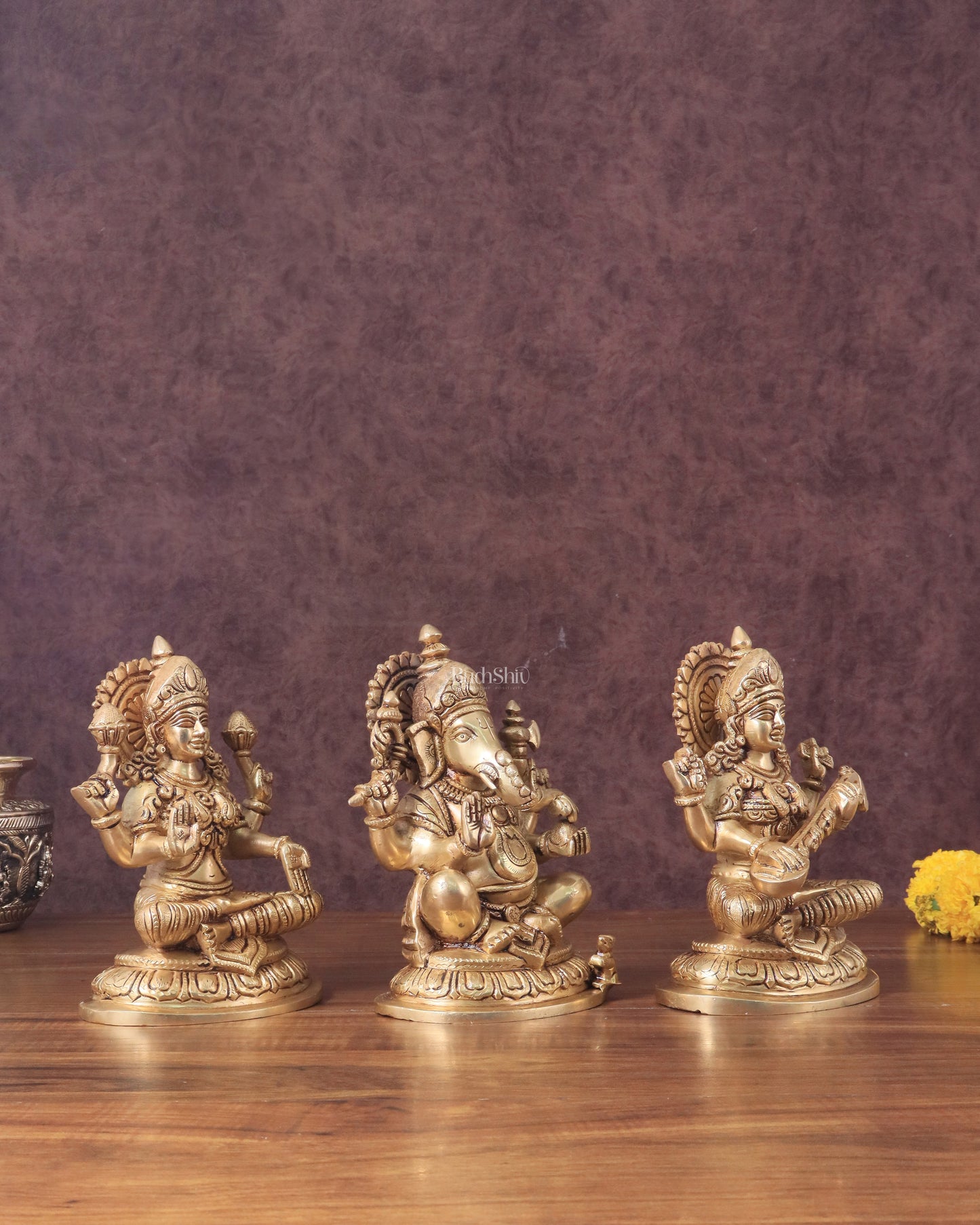 Pure Brass Ganesha, Lakshmi, Saraswati Idols Set of Three - 7.5"