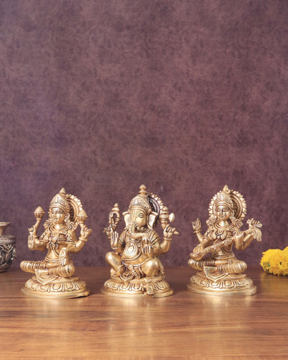 Pure Brass Ganesha, Lakshmi, Saraswati Idols Set of Three - 7.5"